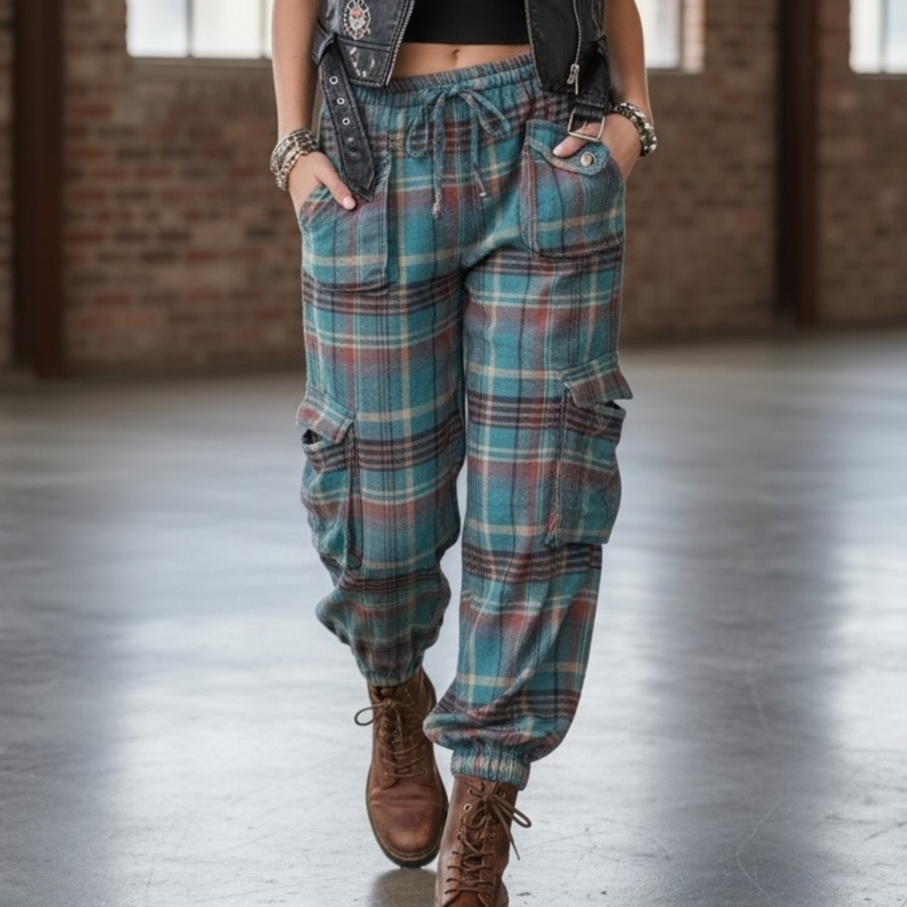 Plush Plaid Cargo Jogger Pants - Teal Plaid - Picture 3 of 6